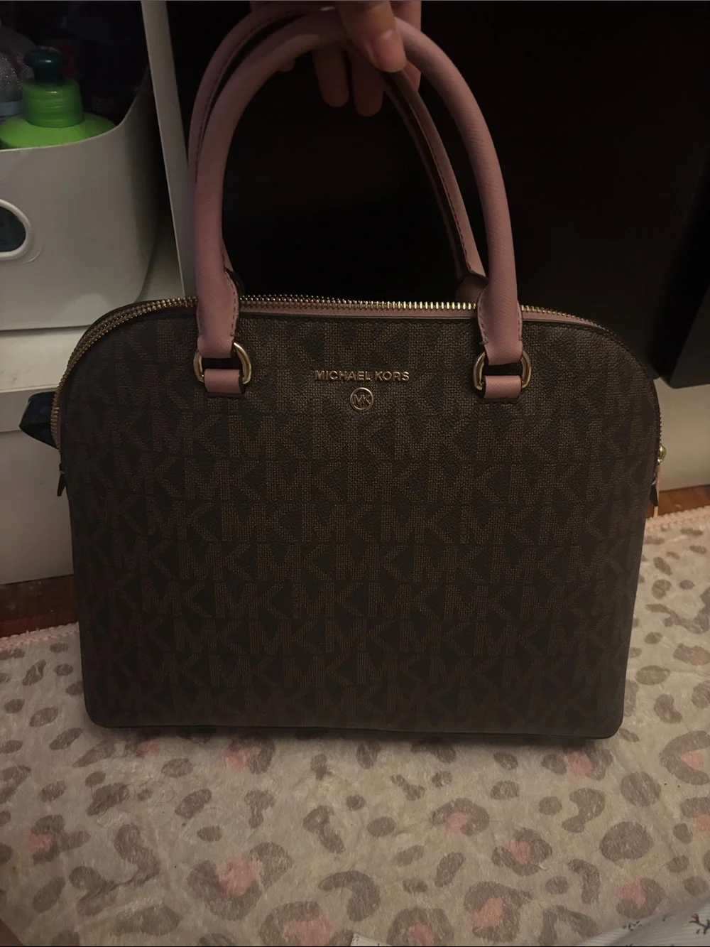 Michael Kors Brown MK Signature Satchel with Pink Handles